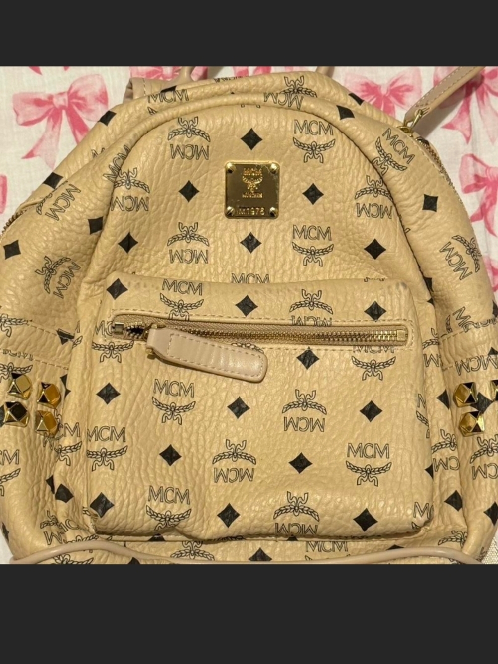 MCM Beige Visetos Mini Backpack with Gold Stud Accents